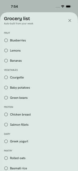 Grocery list automatically built from the athlete's weekly meal plan