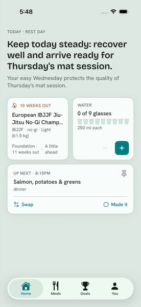 Nutrion home screen with today's guidance, hydration and next meal